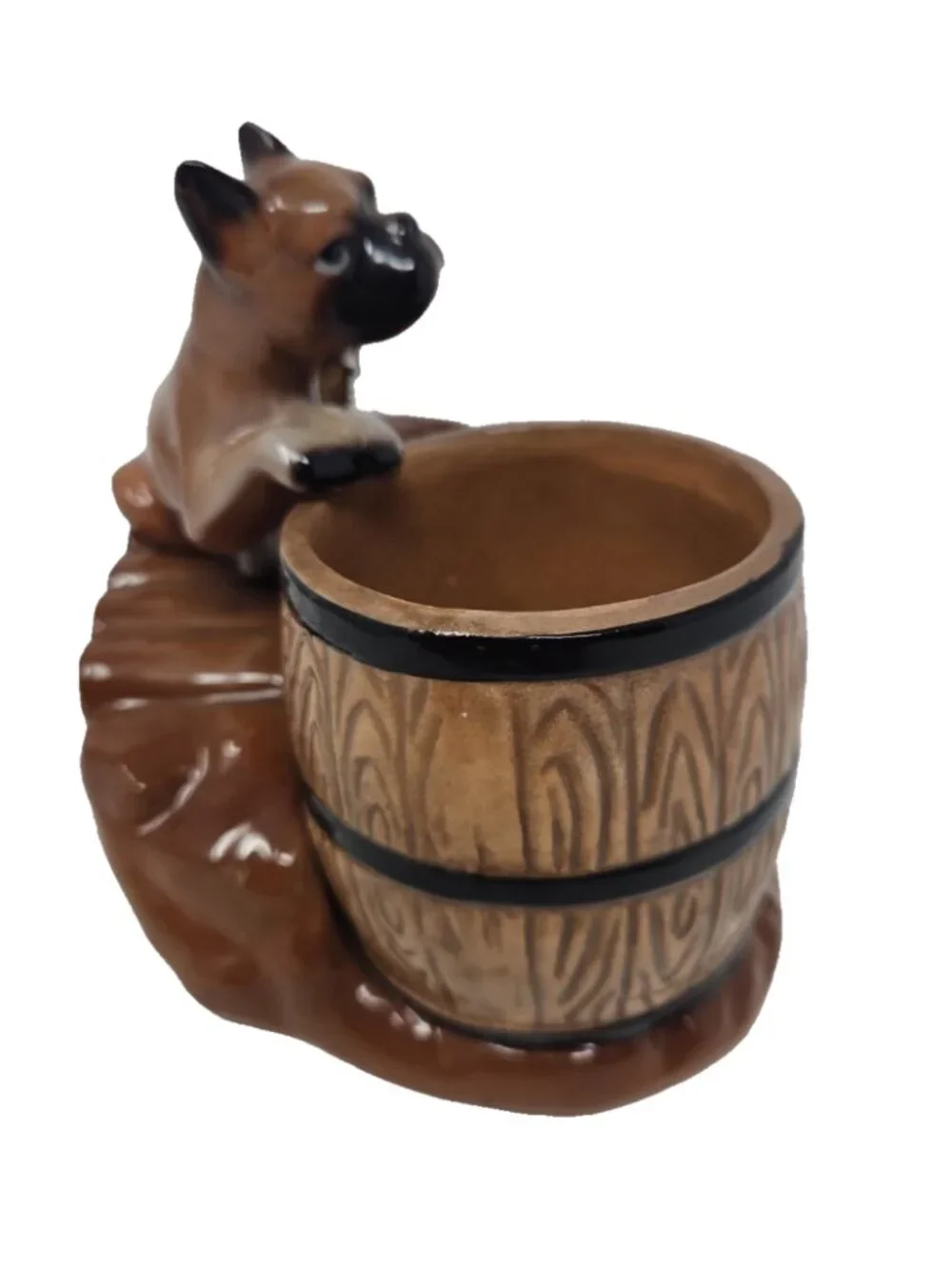 Vintage 1950s Boxer Dog Pups on Chain Figural Barrel Ashtray Bowl Chase Japan